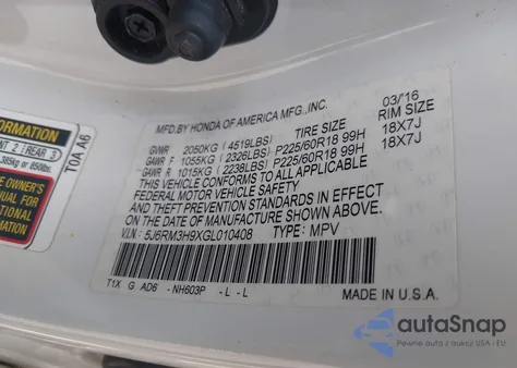 2016 Honda Cr-V Touring from USA, damaged, VIN 5J6RM3H9XGL010408